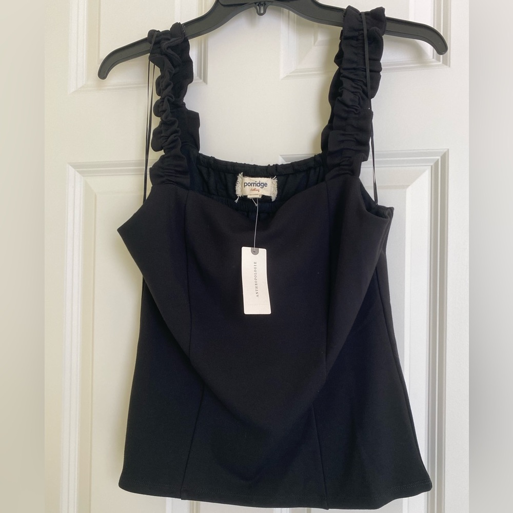 SALE Anthropologie Porridge Black Ruffled Strap and Gathered Back Top